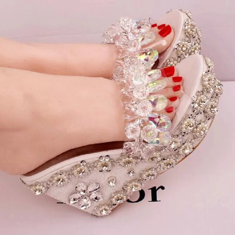 

2019 New Mountain Crystal Straw Bottom Wedges High Heel Platform Slippers Handwork Rhinestone Women Summer Open The Toe Sandals
