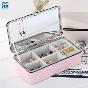 

Korean Jewelry Storage Box Pu Portable Stud Earrings Leather Ring Multi-function Mirror Display Tray Holder Organizer Case