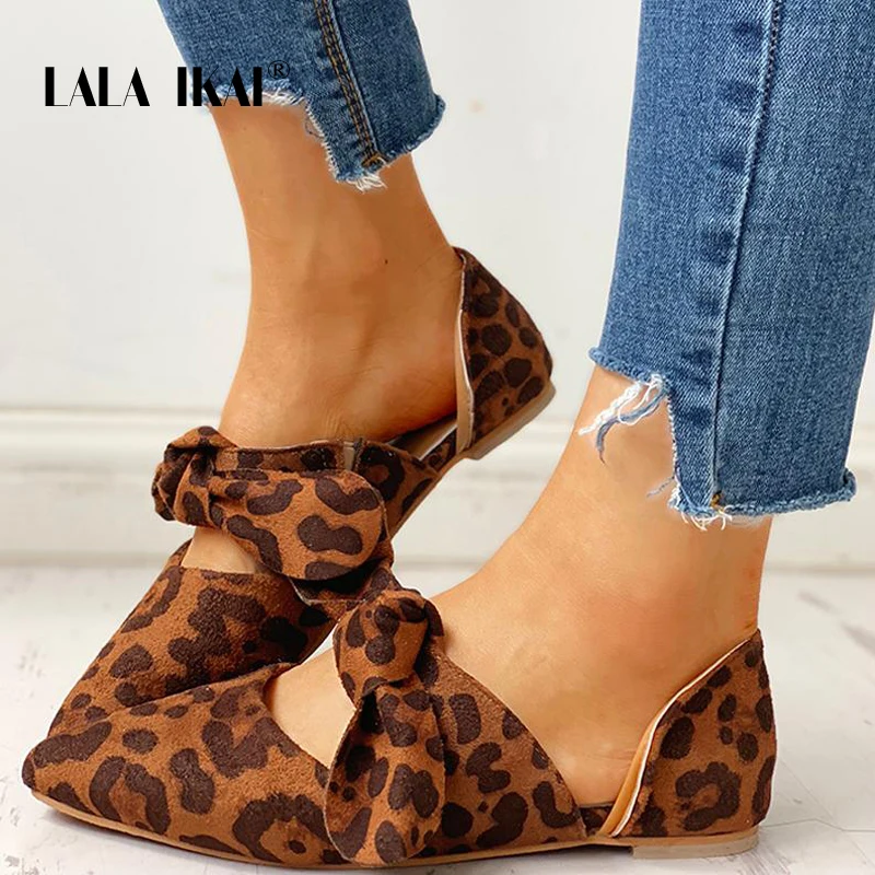 

LALA IKAI Leopard Pattern Women Flats Spring Summer Butterfly-knot Slip-On Flat Shoes Point Toe Flats Sapato Feminino XWA4008-4