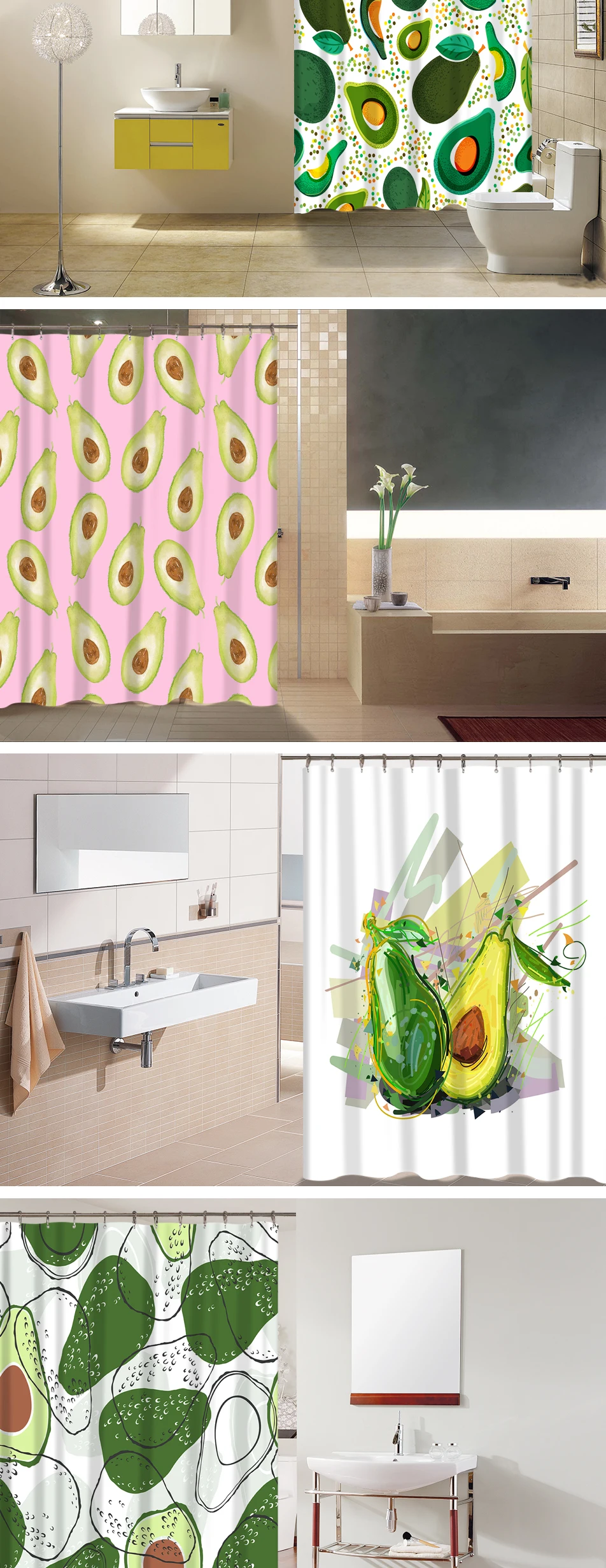 Miracille Avocado Bathroom Curtain Mat Set Waterproof Polyester Shower Curtains and Anti-slip Mat Home Decoration