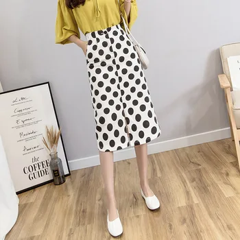

French Style Woman Empire Waist Polka Dot Pencil Female Shirts Elegant Summer Mid-calf Length Skirts