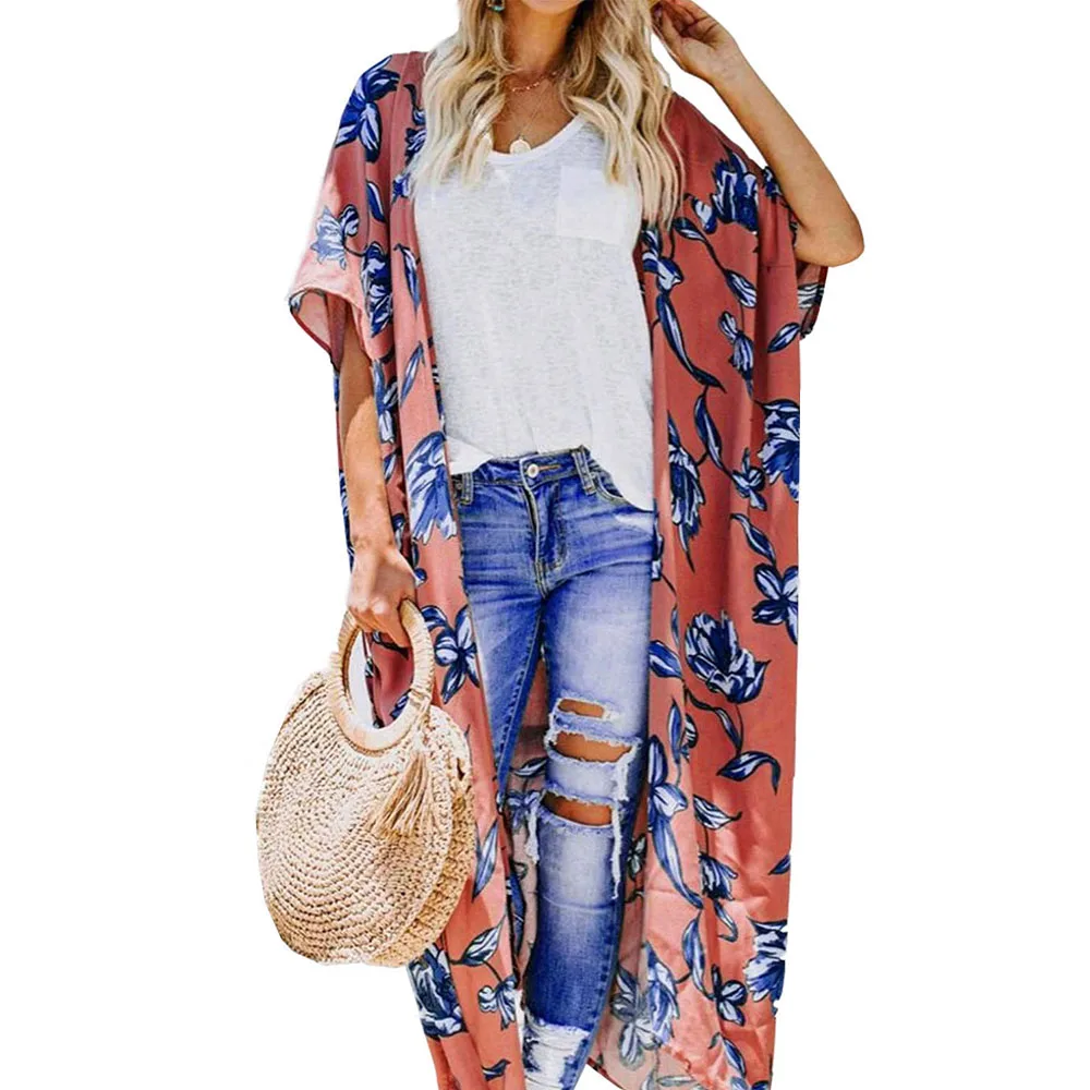 Blusas femininas elegante 2019 женское цветочное кимоно рукав три четверти шаль с принтом