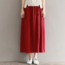 1706 Summer Chinese Style Vintage Skirt Women Elastic Waist Button Solid Color Cotton Linen Skirt Asymmetrical Ladies Retro