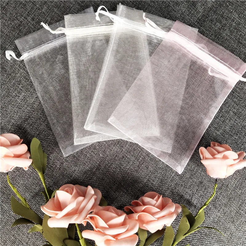 50pcs 7x9 9x12 10x15 13x18 15x20CM White Organza Gift Bags Jewelry Packaging Bags Wedding Party Decoration Drawable Gift Bag 6Z