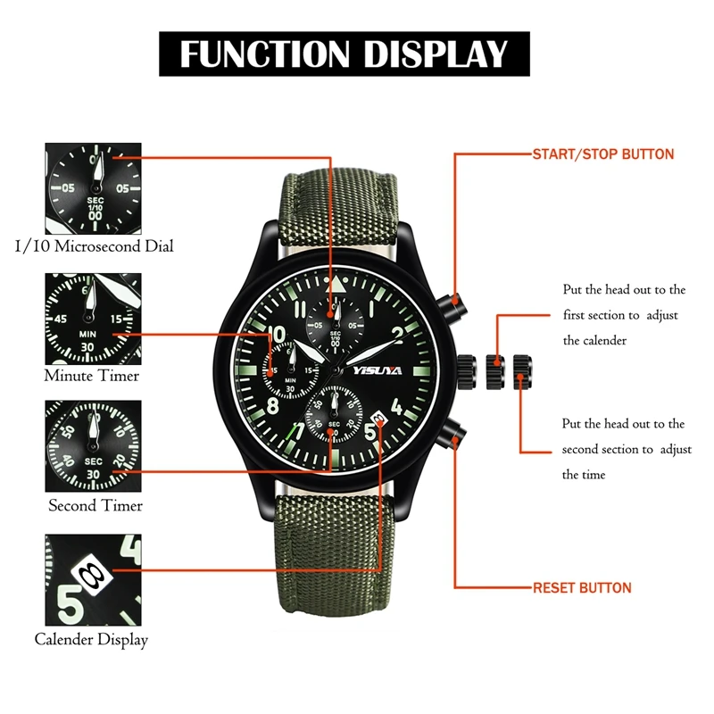 

Mens Watches Famous Brand YISUYA Chronograph Luminous Quartz-watch Fashion Army Green Aviator Pilot Nylon Strap erkek kol saati