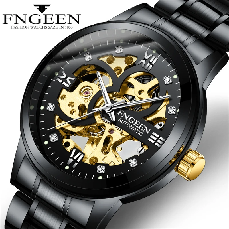 

Luxury Brand Watch Men Automatic Mechanical Wristwatches Fashion Black Stainless Steel Skeleton Casual Business Clock Male