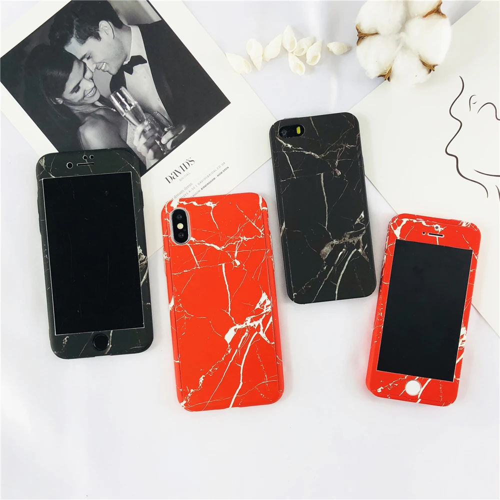 Fashion Red Marble Texture Cases For IPhone 6 6S 7 8 Plus 5 SE X Black 360 Degree Stone Full Protective Hard Capa |