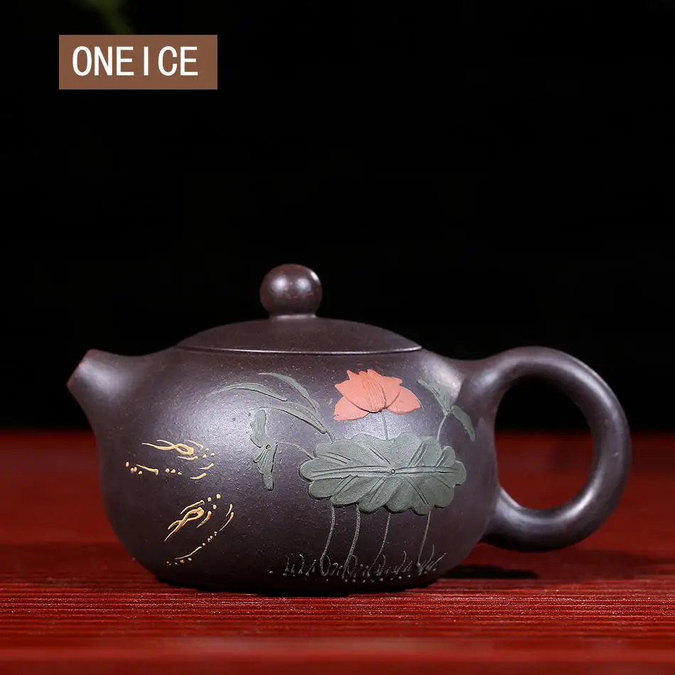 

Raw Ore Black Mud Yixing Teapot Pure Hand Handmade Colourful Mud Painted Lotus Xi Shi Pot Purple Clay 188 Ball Hole