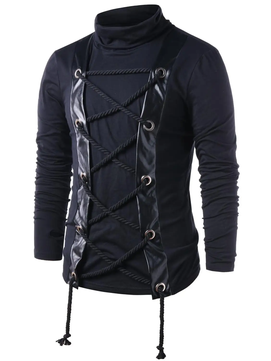 

Gothic Style Man T-shirt Turtleneck Lace Up Tees Leather Patchwork Long Sleeve T-shirt Men Clothing Autumn Spring Pullover Black