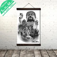 Лучший! Свиток Тигра Будды Живопись Холст Старинные Плакат и Печать Wall Art Pictures Гостиная Спальня
