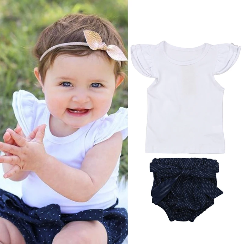 

2Pcs Set Baby Girls Clothes Set Cute Round Neck Flouncing Cotton Bow Polka Dot Shorts+White Vest Tops Fashion Suit