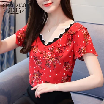 

New 2018 Summer Fashion Sweet Women Blouses Shirts Floral Shirts Short Sleeve Red Black Ruffles Printed Lady Tops Blusas 0379 30