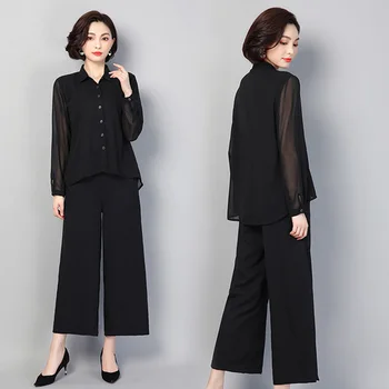 

Spring Chiffon 2 Piece Set Women Office Lady Trousers Suit Set Ensemble Femme Survetement Conjunto Feminino Top&pants Set