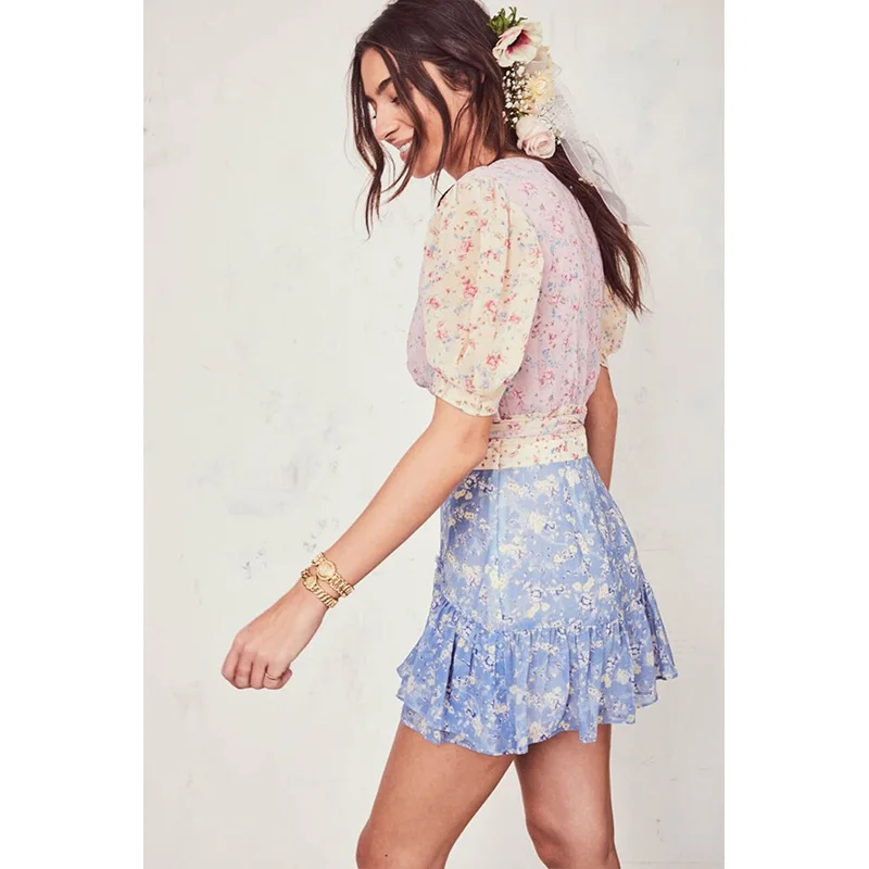 Boho loveshack summer dresses v neck ruffles slim silk-like holiday ins bloggers patchwork special interest mini dress pleated