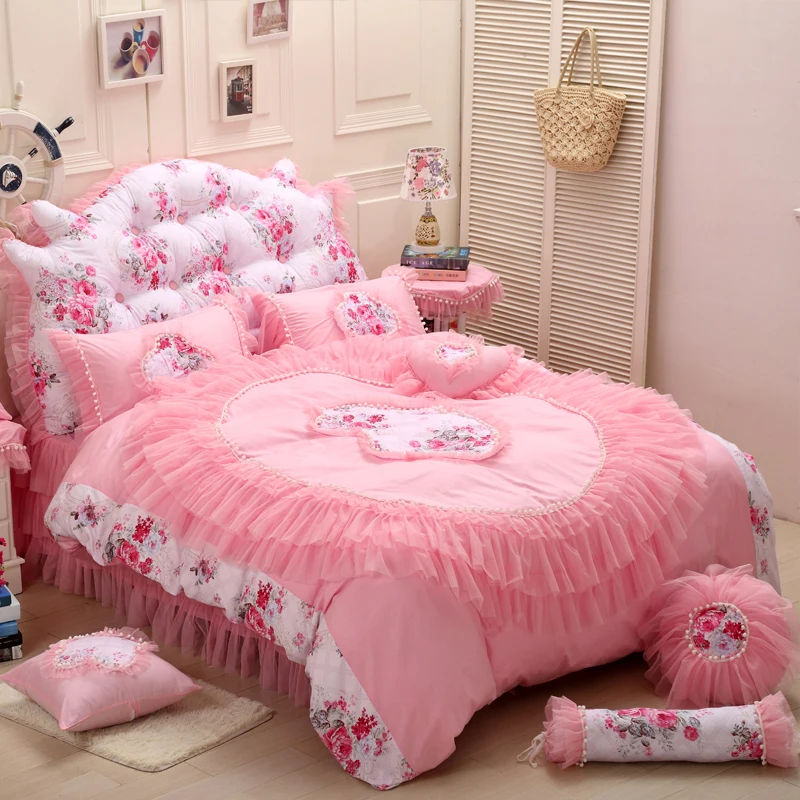 Роскошный розовый кружевной комплект постельного белья принцессы в Корейском стиле, Комплект постельного белья для девочек, Комплект постельного белья с пододеяльником, Комплект постельного белья, наволочка, подарки