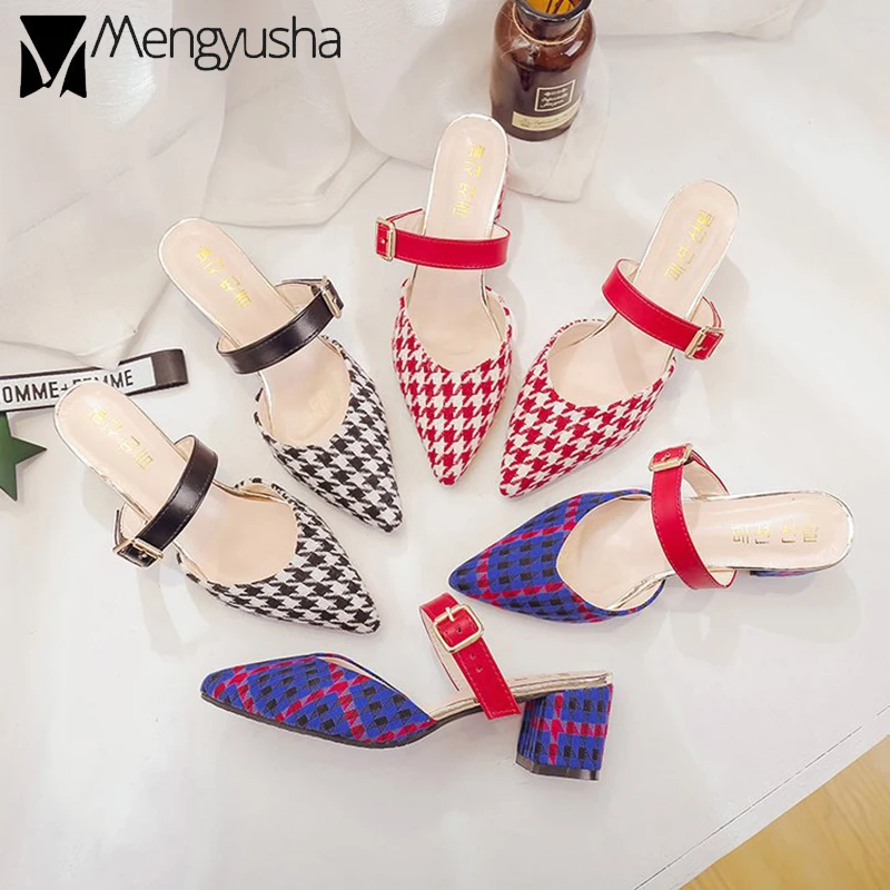 

Summer Pointy block heels mules women mixed color houndstooth slippers outdoor buckle slides ladies fashion shallow loafer shoes