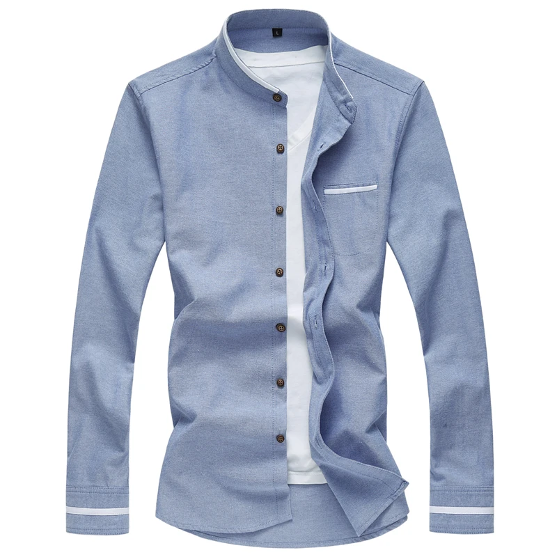 Style Chinois Pur Couleur Oxford Chemise Mode Homme Col Mao Chemise Manche Longue Decontracte Sociale Male Chemise Denim Bleu M 7xl Aliexpress