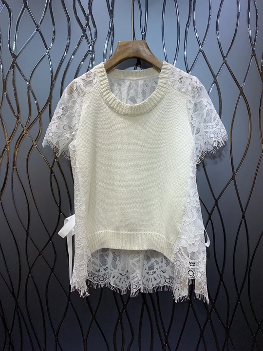

2019 summer new women's wild short-sleeved lace knit top