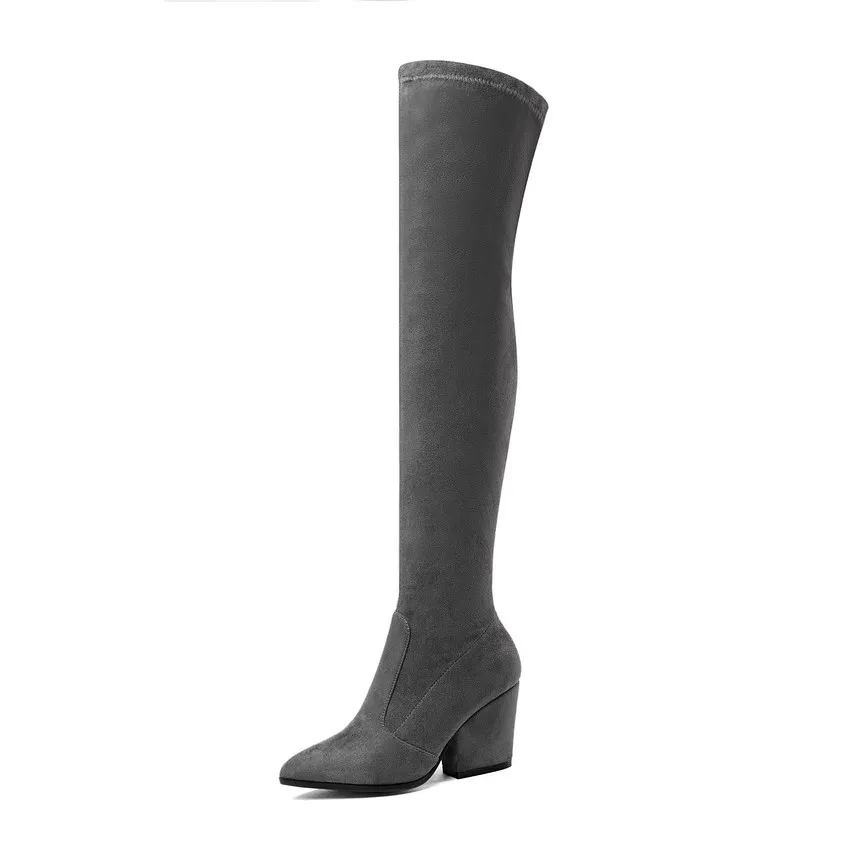 QUTAA г. Женские Сапоги выше колена зимняя обувь на толстом каблуке пикантные женские сапоги из эластичной ткани с острым носком размеры 34-43 - Цвет: Dark grey