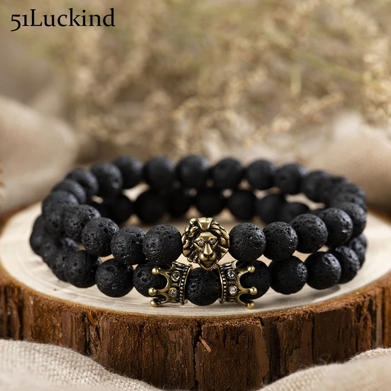 

Fashion 2 Paired Lava Stone Beads Bracelet Antique Gold Silver Color Lion Braclet For Men Wristband Bracelets Biker Jewelry