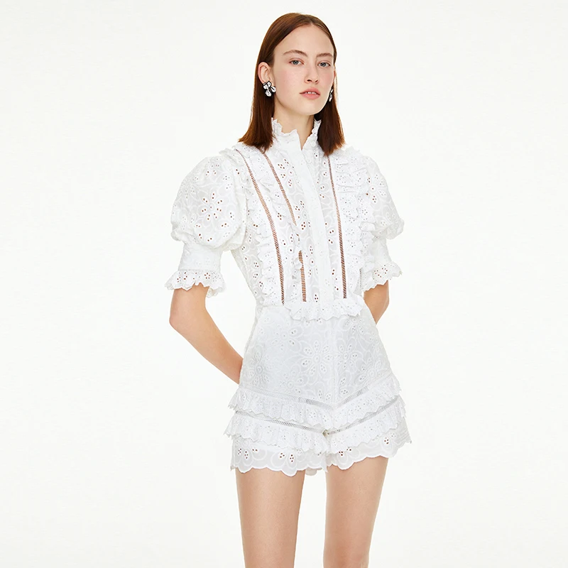 

HANZANGL Newest 2019 White Openwork Lace Slim Vacation Jumpsuit Embroidered Ruffled Shorts Suit