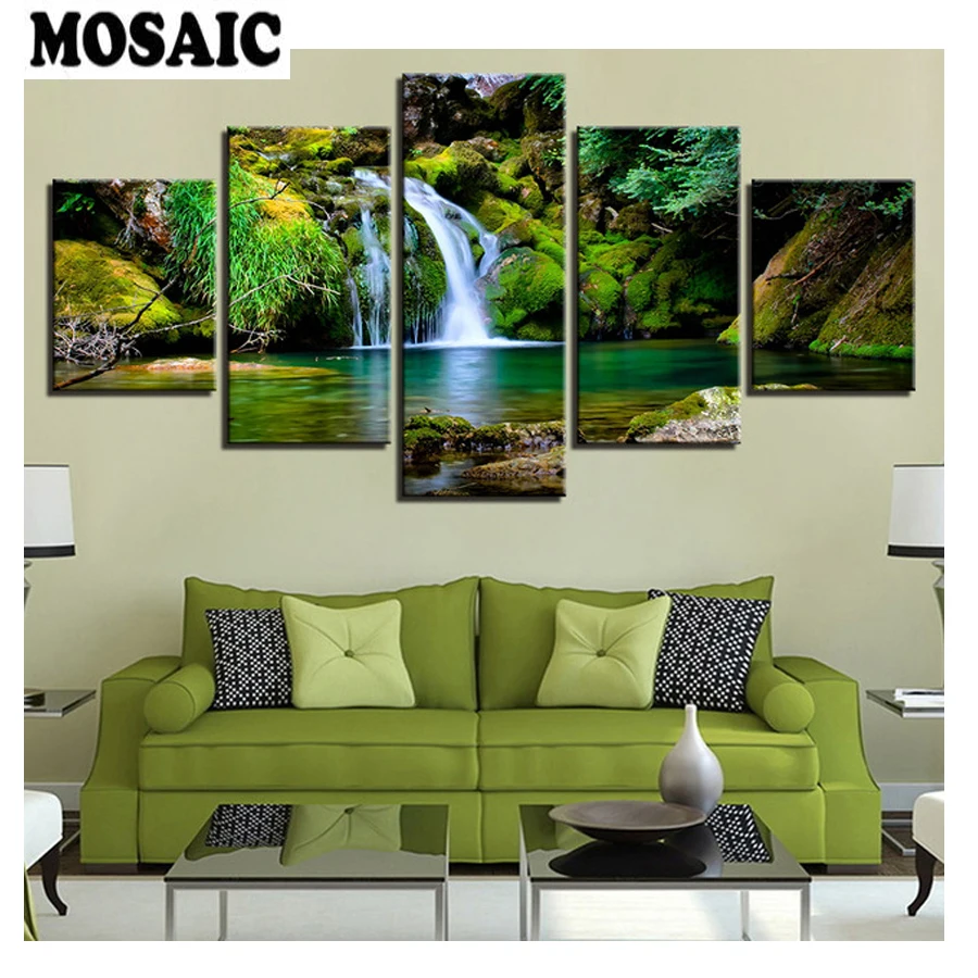 

Full Square/round drill Diamond painting 5 Pieces "Forest Waterfall"mosaic picture Unfinished Diamond Embroidery Home decoration