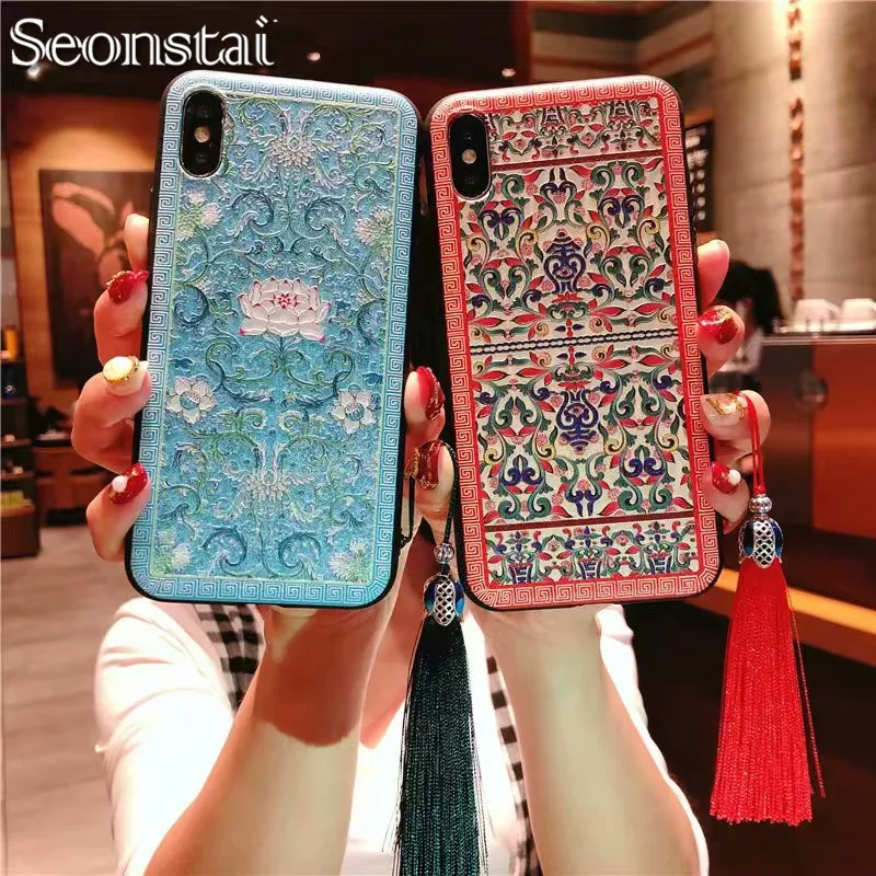 

3D Relief Lace Roses Flowers Chinoiserie Palace Soft Case for iPhone XR XS Max 6 6s 6plus 7 8 plus X Phone Red Floral Cases