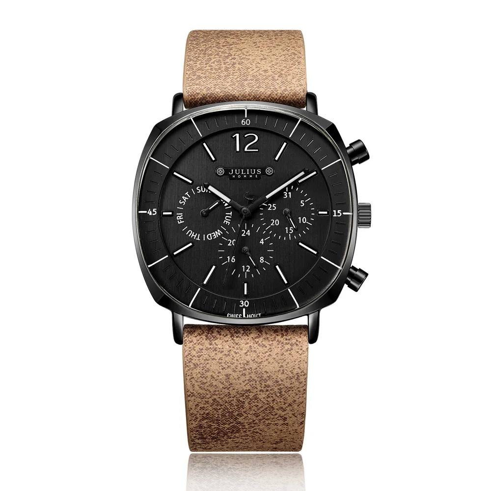 JULIUS настоящий хронограф мужские деловые часы 3 циферблата кожаный ремешок квадратный циферблат кварцевые наручные часы Высокое качество часы подарок JAH-098 - Цвет: Black dial