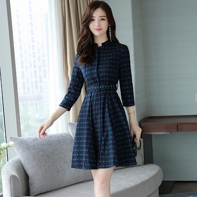 Plaid Print 3/4 Sleeve Dress 2018 New Autumn Mini Skater Dress Women