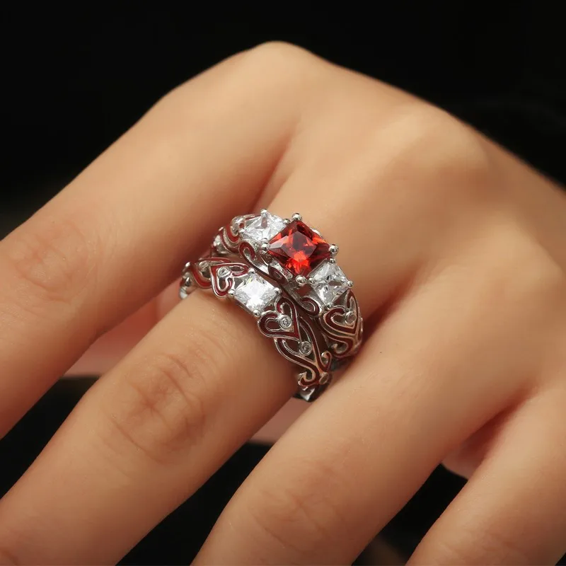 WalerV Luxury Wedding Rings Pair Red Engagement Band Ring Sets For Women Zirkonia Crystal Jewelry Forever Love Green Zircon Ring