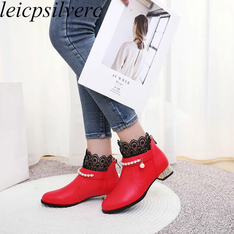 

Women's Boots Spring Autumn Low Heel Pu Zip Ankle Ruffles Pearl String Bead Stylish Simplicity 2019 New Sexy Fashion Red Black