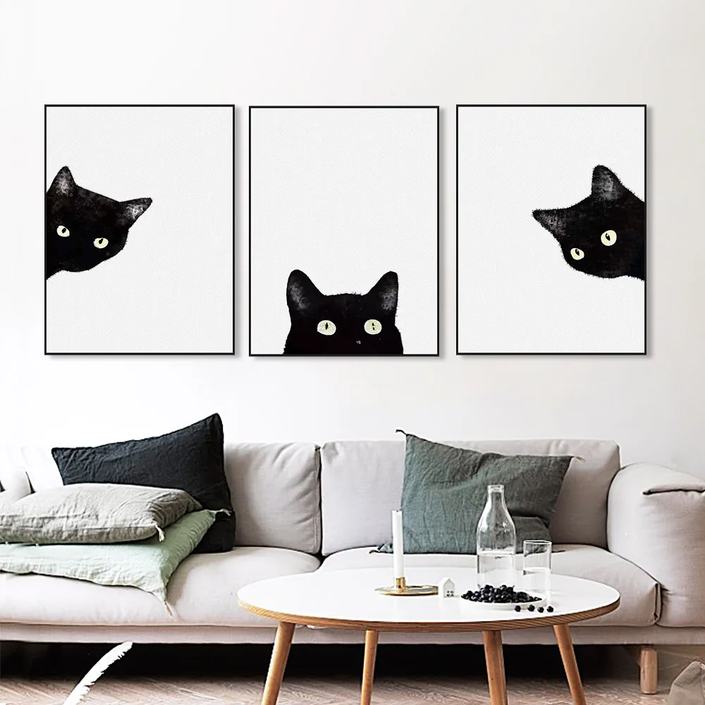 Kawaii Watercolor Black Cat Head Animal Art Print Poster