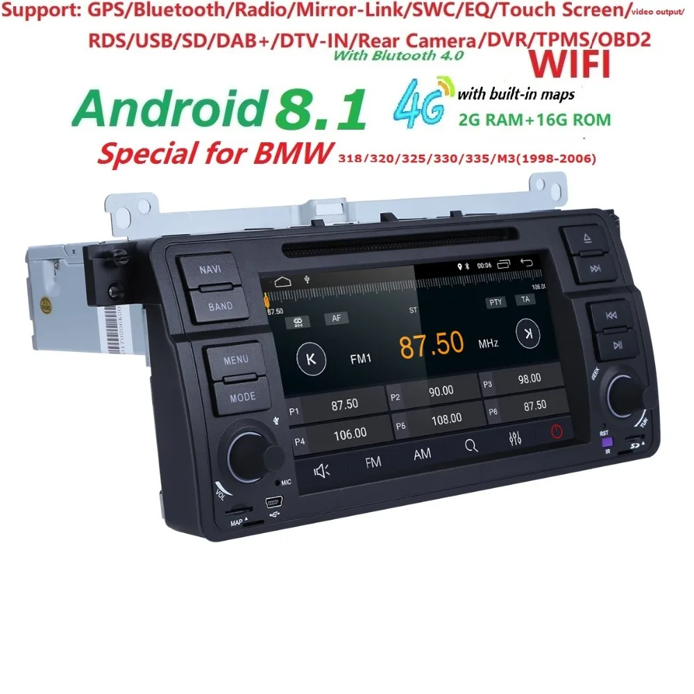 

IPS 4Core 1Din Android9.0 Car DVD Radio For bmw series 3 e46 2000-2006 Rover 75 1999-2005 MG ZT Touch screen GPS DVR Free camera