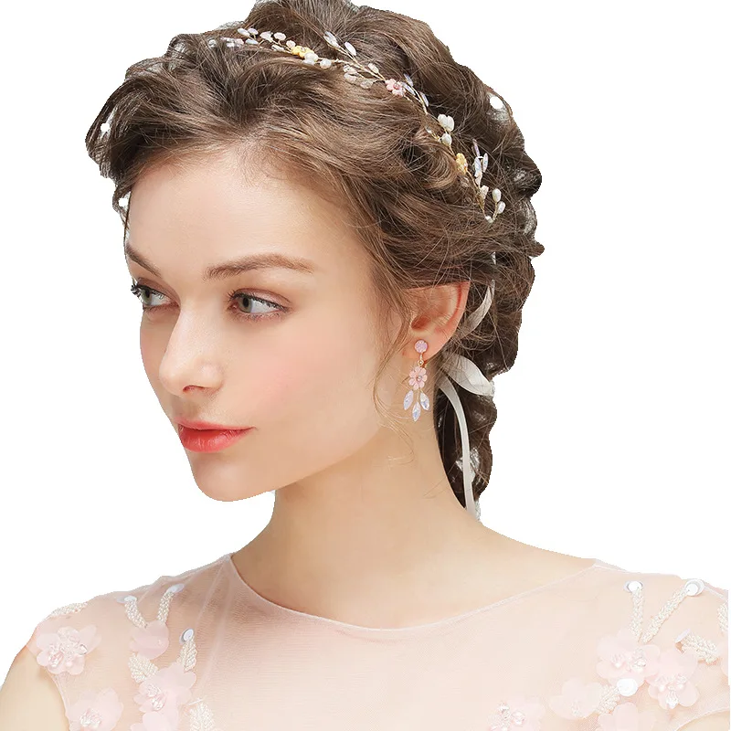 Лидер продаж Hairbands Стразы для невесты с сладкий розовый повязки для волос с цветками серьги набор Романтический Elegent Свадебные аксессуары