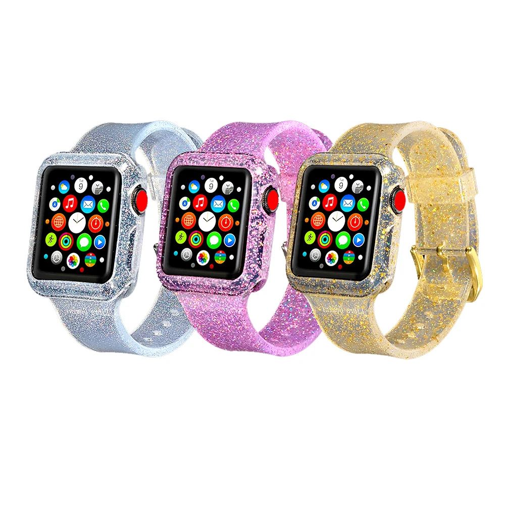 Силиконовый прозрачный Кристальный ремешок для Apple Watch 38 мм 40 42 44 с защитным