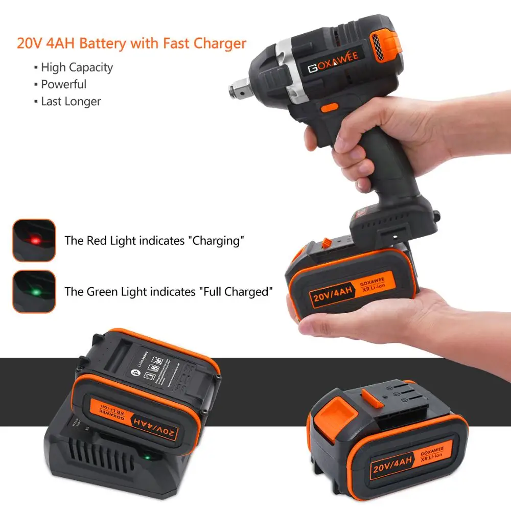 GOXAWEE 21V Cordless Electric Wrench Impact Driver Socket Wrench 4000mAh Lithium Battery Hand Drill