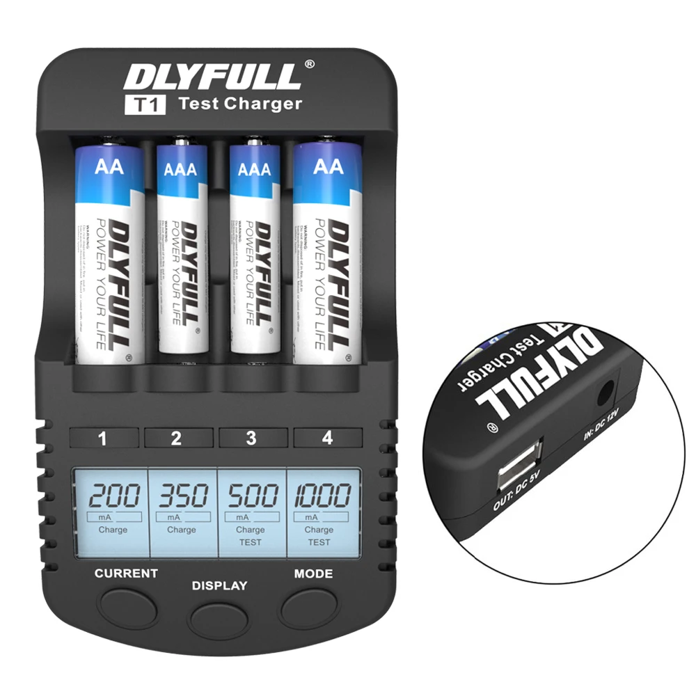 

Battery Charger LCD Display DLYFULL T1 Test Charger With Test Feature 4 Slot For AA AAA Ni-CD Ni-MH USB 5V Output Free Shipment