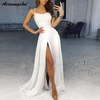 

Simple White Prom Dress 2019 Spaghetti Straps with Split Spaghetti Straps A-Line Long Sleeveless Satin Criss-Cross Straps