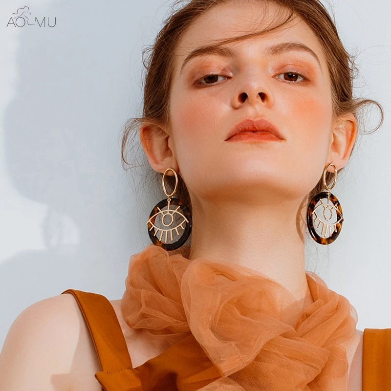 

AOMU 2019 Punk Acetate Acrylic Circle Round Metal Big Eye Eyelash Hollow Dangle Drop Earrings for Women Girl Party Gift Jewelry