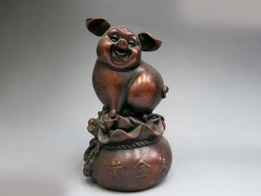 

DS China sculpture carved fine red copper Feng Shui Yuan bao lucky pig Statue