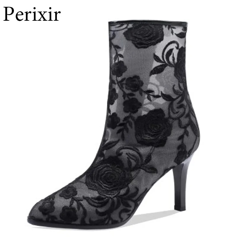 

Perixir Autumn Ankle Boots for Women Handmade Luxury Designer High Heels Perforated Embroider Net Boots Woman Mesh Booties Shoes