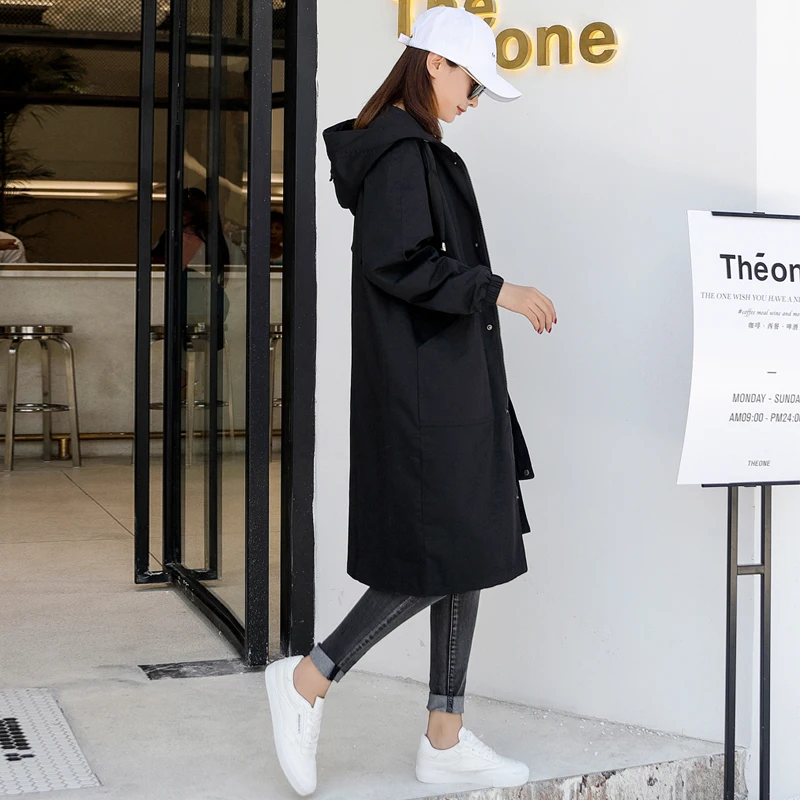 À Longues Tranchée Mince Femmes black Nouveau Femelle 2018 Solide Lâche Manteau Long Manches Occasionnel B917 armygreen Gray Automne Capuchon Outwear Style Rv1R4Zq