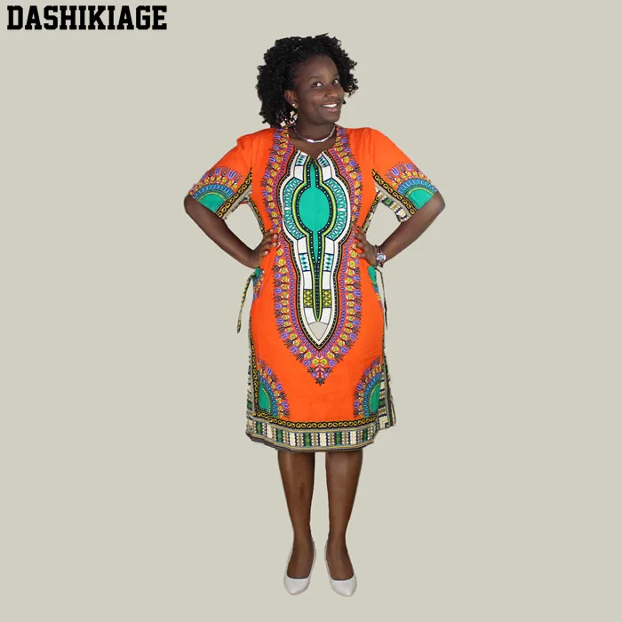 Dashikiage женские африканские принты Дашики длиной до колена элегантные индивидуальные вечерние платья с карманами - Цвет: Оранжевый