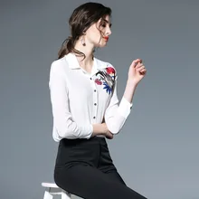 2017 New Fashion Chiffon 100% Real Silk Floral Bird Embroidery Blouses Shirts Top White Black D070