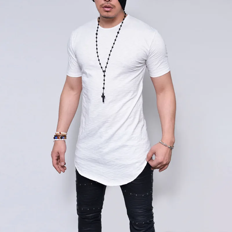 Новое поступление мужская футболка с коротким рукавом зернистая Мужская хлопчатобумажная футболка удлиненная уличная футболка с изогнутым подолом Мужская футболка - Цвет: white