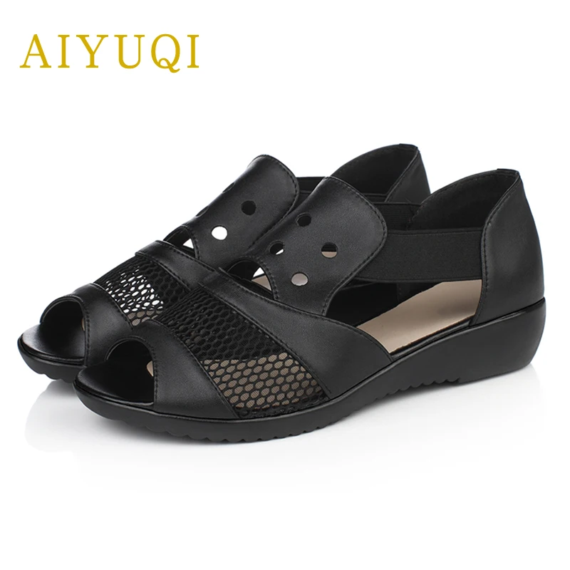 

AIYUQI summer new genuine leather women sandals, hollow breathable ladies fish mouth sandals, plus size 414243flat mother shoes