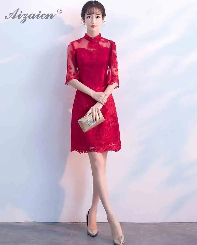 Красные кружевные сексуальные Cheongsam Короткие платья Современная невеста тонкий Qi Pao женское традиционное китайское платье Ципао вечернее