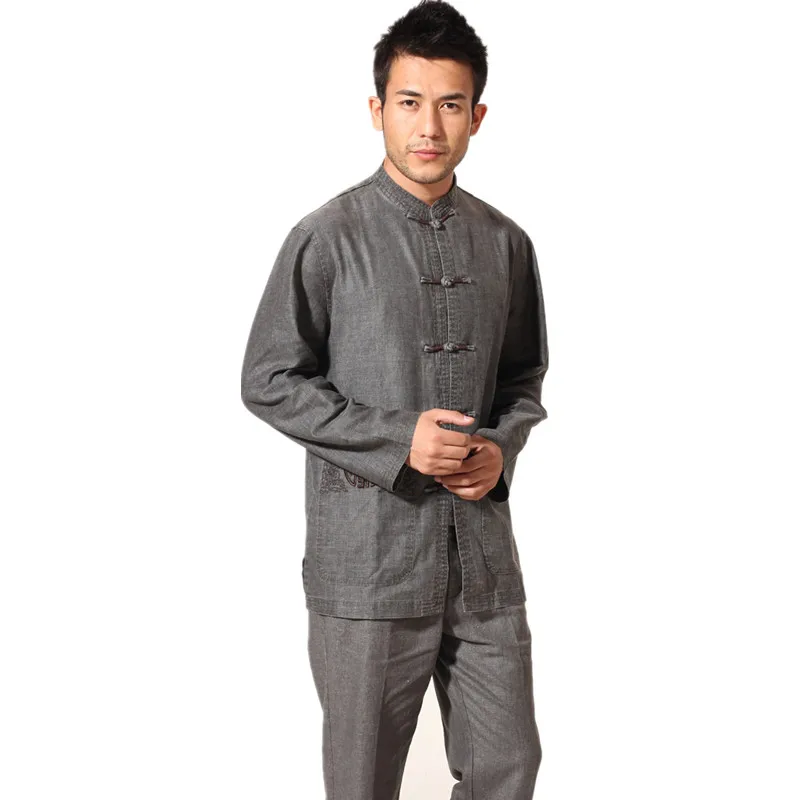High Quality Gray Men's Tang Suit Classic Chinese Style Top Linen Embroidery Jacket Button Coat Free Shipping SML XL XXL XXXL | Мужская