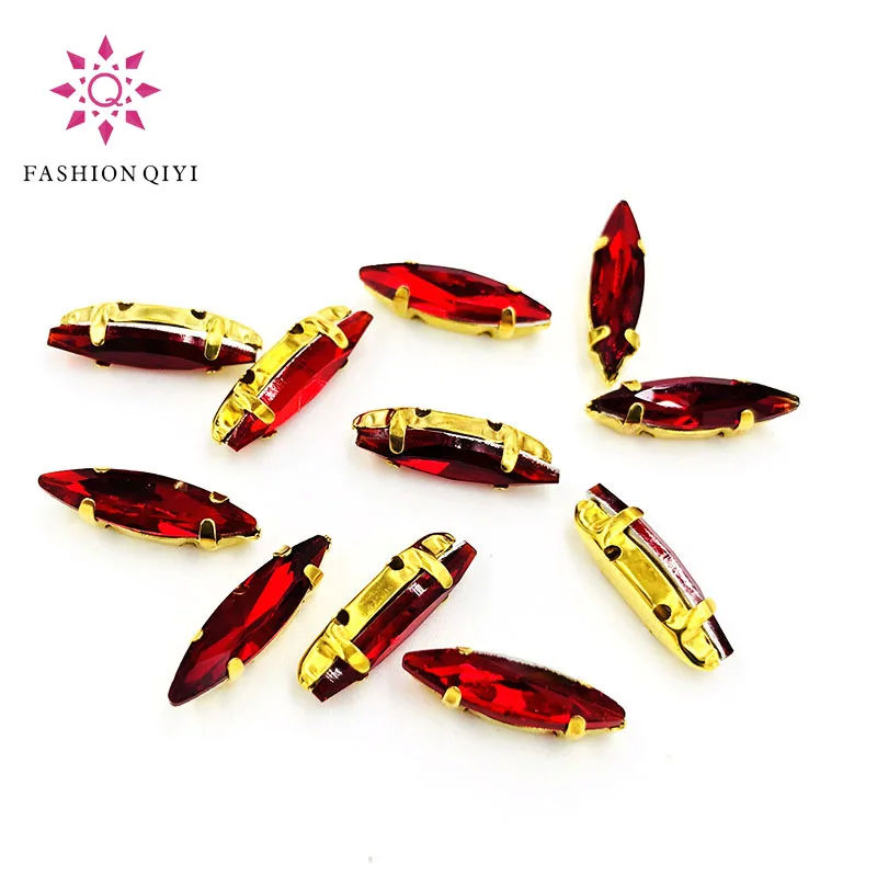 Free shipping 4x15mm Red Horse eye shape 50pcs/pack Glass Crystal Gold bottom sew on claw rhinestones diy Sewing On Garment