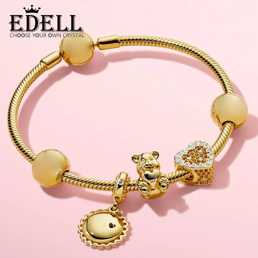 

EDELL 100% 925 Sterling Silver SHINE YOU ARE MY SUNSHINE HANGING CHARM SHINE HONEYCOMB LACE CHARM Shine Bear Beads Bracelet Set